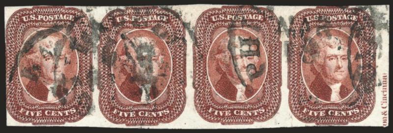 5c Red Brown (12).> Horizontal strip of four, Positions 37-40R1 with <part imprint at right,> large margins to in on other sides, bright color, neat Philadelphia circular datestamps, right stamp (Position 40)
with <double transfer in Five Cents,> r