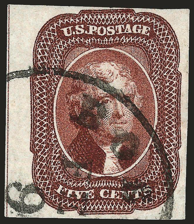 5c Red Brown (12).> Huge margins to clear incl. <straddle-pane margin with center line> at left brilliant color, neat strike of Boston circular datestamp, Very Fine and choice, scarce with the straddle-pane
margin, ex Caspary, with 2006 P.F. certific