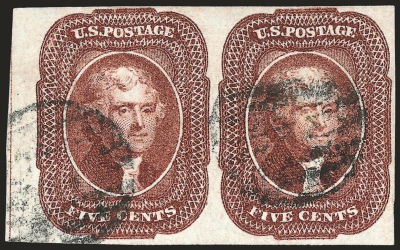 5c Red Brown (12).> Horizontal pair, C Relief, huge margins to ample incl. <straddle-pane margin with center line> at left, bright color, unusual grid cancels<><>^VERY FINE AND CHOICE HORIZONTAL PAIR SHOWING THE
STRADDLE-PANE MARGIN AT LEFT. THE US