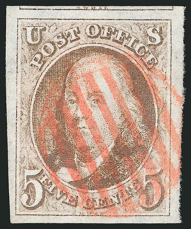 5c Brown (1).> Huge margins all around incl. part of adjoining stamp at top, bold vivid red grid cancel, fresh and Extremely Fine Gem, with 2001 P.F. certificate
