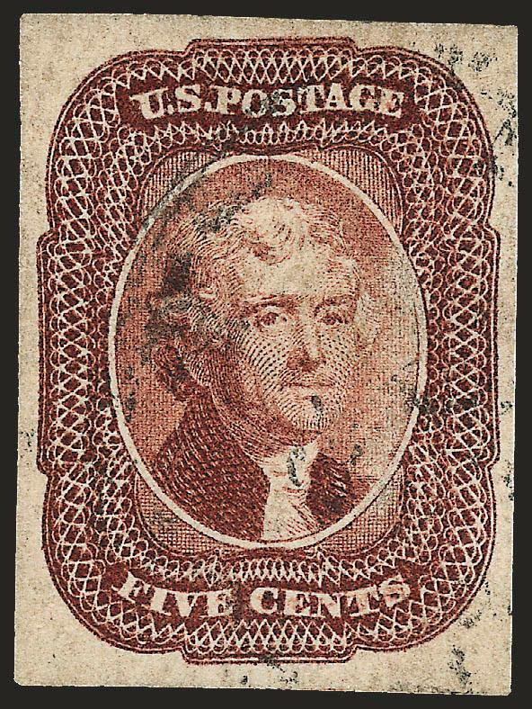 5c Red Brown (12).> Position 23R1, showing distinctive white cloud at right of portrait, large and even margins all around, light strike of circular datestamp leaves entire design clearly visible<><>^VERY FINE
AND CHOICE. A BEAUTIFUL AND RARE EXA