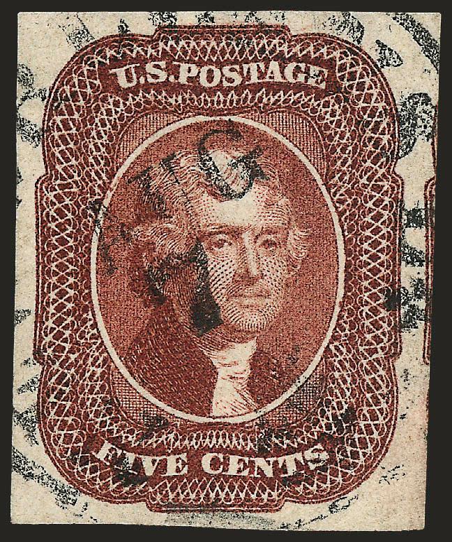 5c Red Brown (12).> Large margins all around incl. part of adjoining stamp at right, rich color, light strike of New Orleans circular datestamp<><>^EXTREMELY FINE GEM. A SUPERB USED EXAMPLE OF THE 5-CENT 1856
ISSUE.^<><>Ex Mayer