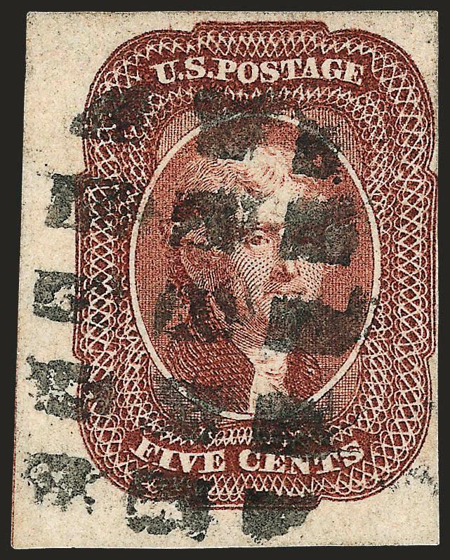 5c Red Brown (12).> Position 91R1, three huge margins to barely touched and incl. <straddle-pane margin at left,> bright shade, unusual <waffle grid> cancel, Very Fine, scarce position piece and a most unusual
cancel, ex Mayer