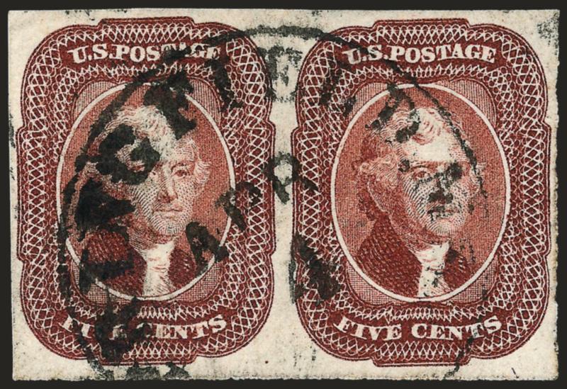5c Red Brown (12).> Horizontal pair, D Relief from the bottom row of the plate, bold strike of Springfield Mass. Apr. 4 circular datestamp, insignificant corner crease at top left not mentioned on accompanying
certificate, Extremely Fine appearance