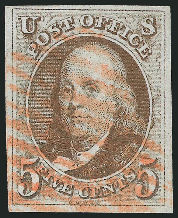 5c Brown (1 var).> Large margins all around, dark shade and detailed impression showing <Dot in S variety,> neat strike of New York red square grid cancel, Extremely Fine, ex Wall, with 2000 P.F.
certificate