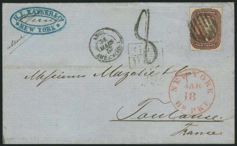 5c Red Brown (12).> Full to large margins, rich color, tied by grid cancel on folded cover <to Toulouse, France,> merchants blue oval handstamp, red New York Br. Pkt. Mar. 18 circular datestamp, ^GB1F60C^
accountancy and 8 decimes due handsta