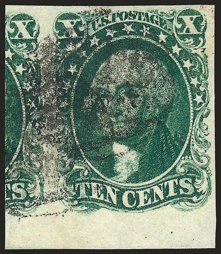 10c Green, Ty. I (13).> Position 92L1, huge bottom sheet margin and one-third of adjoining stamp at left, other sides ample, black grid cancel, Extremely Fine, sheet-margin examples of the 10c Type I are
surprisingly scarce, with 1987 P.F. certificat