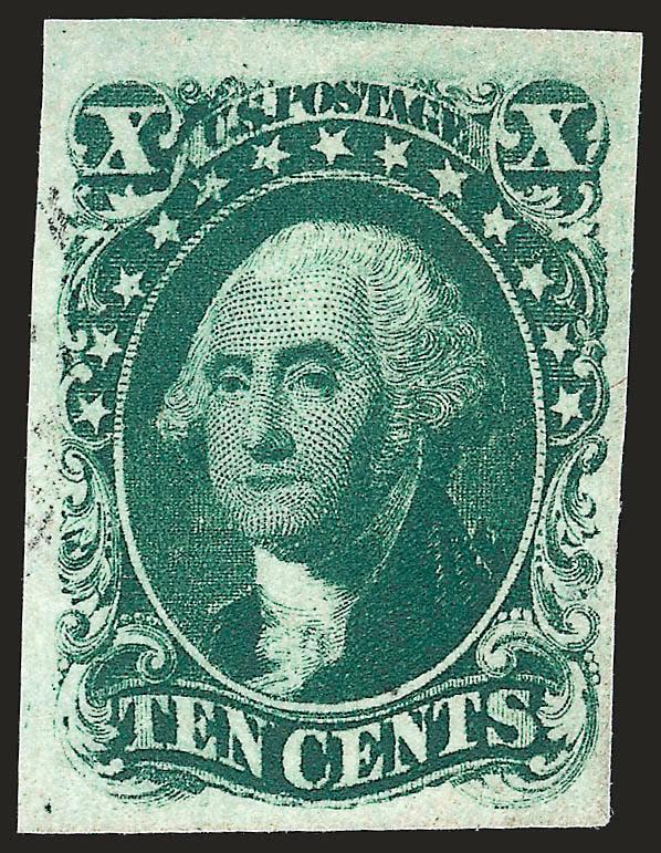 10c Green, Ty. I (13).> Large to huge margins on three sides, ample at right, beautiful deep rich color and the barest trace of a cancellation, fresh and Very Fine, with 1991 P.F. certificate