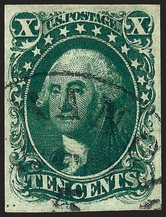 10c Green, Ty. I (13).> Large even margins, beautiful deep rich color and sharp impression, neat San Francisco datestamp, Extremely Fine, with 1986 P.F. certificate