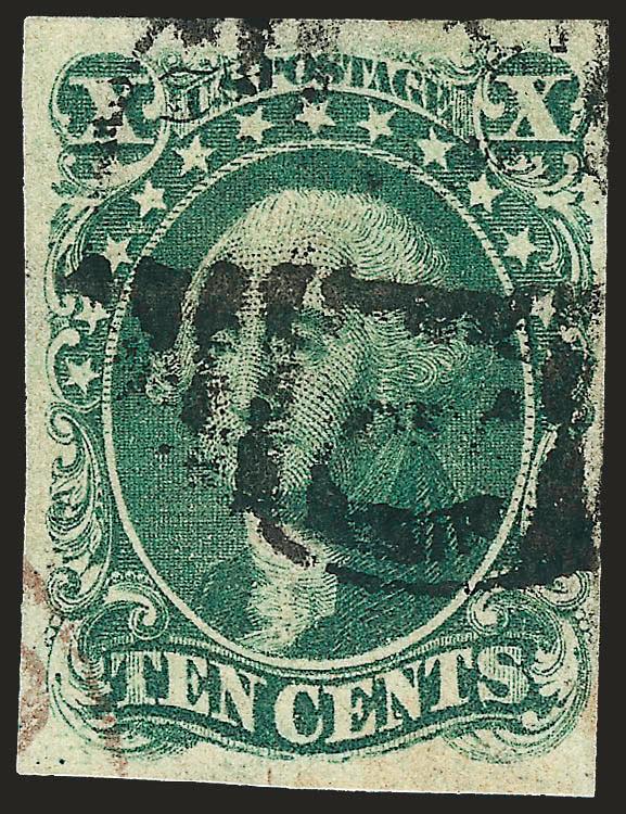 10c Green, Ty. I (13).> Large to clear margins showing complete design at bottom, rich colors, black and trace of red cancels, Fine, with 2000 P.F. certificate