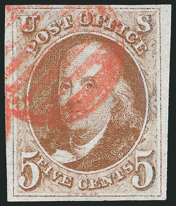 5c Deep Red Brown (1).> Large margins, fresh and bright color in an unusually intense shade, bold red grid cancel (attributed to Batavia N.Y.), Extremely Fine, a beautiful stamp, ex Wall, with 2000 P.F.
certificate