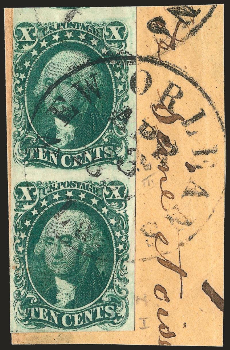 10c Green, Ty. IIII (1513).> Positions 8595R1, vertical combination pair, two huge margins, ample at bottom and mostly clear at left, wonderful dark shade and early proof-like impression, tied by New Orleans La.
Apr. 3, 1857 circular datestamp o