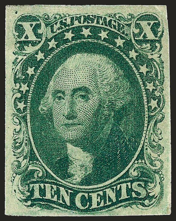 10c Green, Ty. II (14).> Original gum, full to large margins, rich color, clear impression, trivial tiny corner crease at top right<><>^VERY FINE APPEARANCE. A BEAUTIFUL ORIGINAL-GUM EXAMPLE OF THE 1855 10-CENT
TYPE II.^<><>With 1991 P.F. certifi
