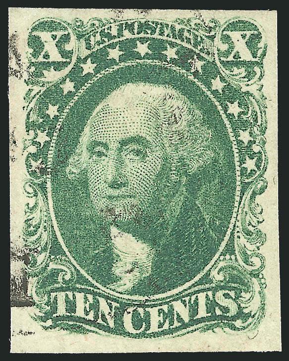 10c Green, Ty. II (14).> Large margins, bright color on fresh paper, light circular datestamp, Extremely Fine, with 2001 P.F. certificate