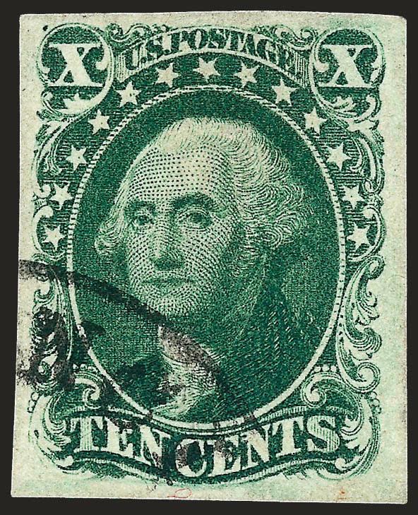 10c Green, Ty. II (14).> Large margins, rich color, neat town datestamp virtually clear of face, Extremely Fine, with copy of 1983 P.F. certificate