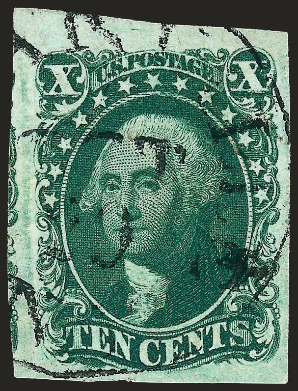 10c Green, Ty. II (14).> Large to huge margins showing part of adjoining stamp at left, gorgeous deep rich color and proof-like early impression, cancelled by town datestamp, Extremely Fine, an impressive 10c
1855 single, with 1998 P.F. certificate