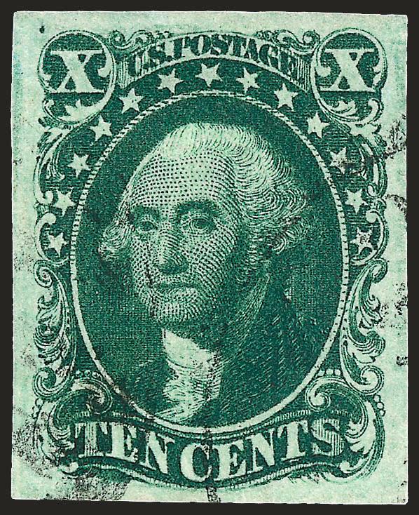 10c Green, Ty. II (14).> Large even margins, intense shade and impression, lightly cancelled by town datestamp, Extremely Fine