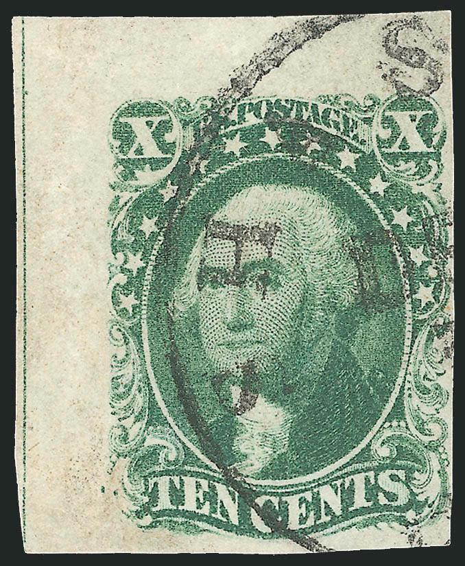 10c Green, Ty. II (14).> Position 1R1 with <top left corner sheet margins with full guideline,> large bottom margin and clear at right, bold Shasta Cal. circular datestamp, Very Fine and choice, with 1982 P.F.
certificate