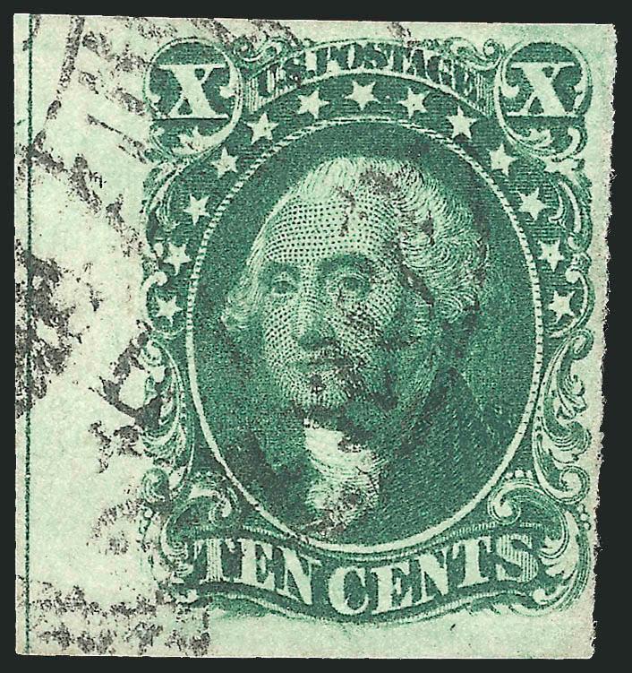 10c Green, Ty. II (14).> Ample to huge margins with <sheet margin and guide line at left,> deep color on bright white paper, <New York Ocean Mail> circular datestamp with integral grid, Very Fine, with 2002 P.F.
certificate