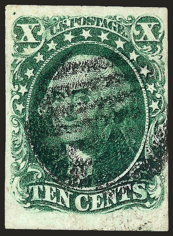 10c Green, Ty. II (14).> Huge bottom margin -- looks like a sheet margin but cannot be -- other sides ample to large, grid cancel, Very Fine, with 1980 P.F. certificate
