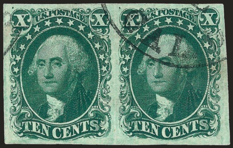 10c Green, Ty. II (14).> Horizontal pair, large margins all around, magnificent color and depth of impression -- a very early printing -- lightly cancelled by part of circular datestamp, faint offset of ink on
back of left stamp, negligible and not m