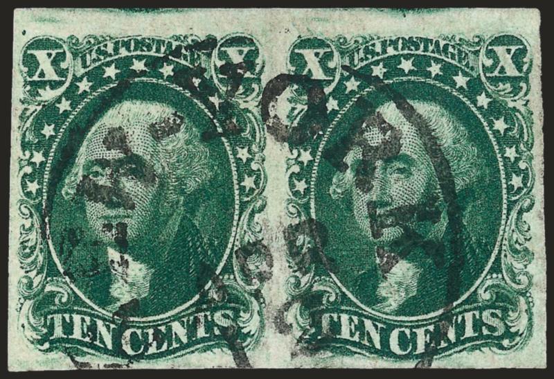 10c Green, Ty. II (14).> Positions 56-57L1, horizontal pair, full to huge margins incl. bits of adjoining stamp at top, deep shade, bold New York datestamp, Very Fine and choice, the right stamp has a very weak
outer line at top and above the right 