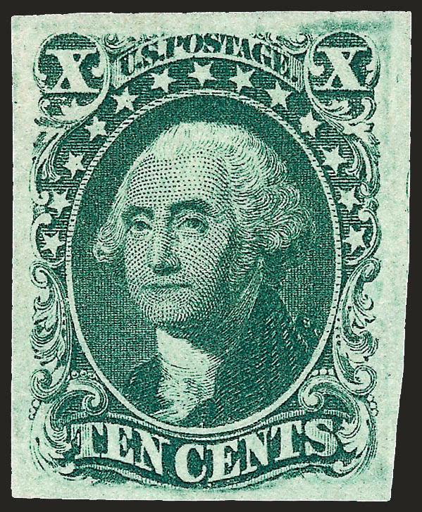 10c Green, Ty. III (15).> Unused (no gum), large to huge margins, rich color, remarkably fresh and bright<><>^EXTREMELY FINE. AN OUTSTANDING UNUSED EXAMPLE OF THE 1855 10-CENT TYPE III.^<><>With 1990 P.F.
certificate