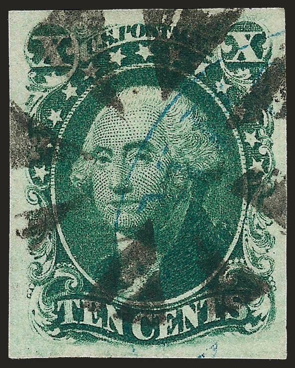 10c Green, Ty. III (15).> Large even margins, bright shade, cancelled by <large circle of wedges and light blue town datestamp,> Extremely Fine, this type of hand-cut cork killer cancel is extremely rare on the
10c 1855 Issue, most have New Orleans o