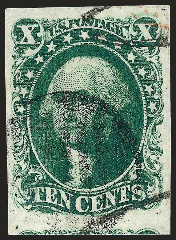 10c Green, Ty. III (15).> Huge margins all around incl. part of adjoining stamp at bottom, rich color on bright paper, neat grid cancel and part of red transit at top right, Extremely Fine, with 2000 P.F.
certificate
