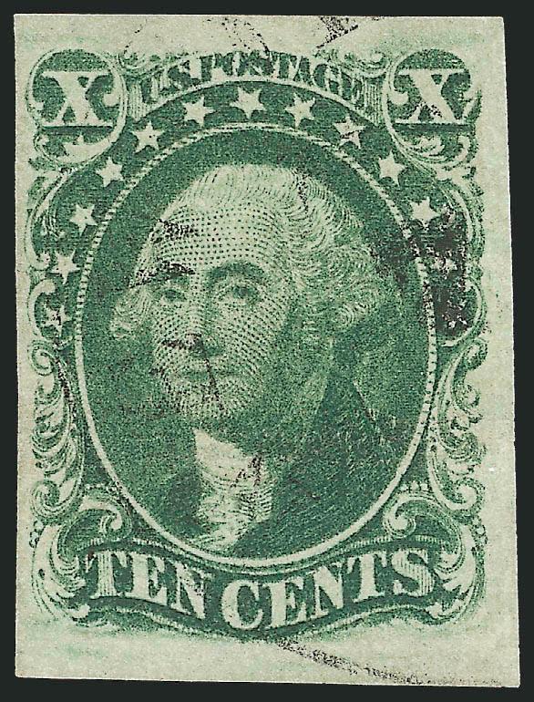 10c Green, Ty. III (15).> Full to large margins, deep rich color, lightly cancelled, Very Fine and choice