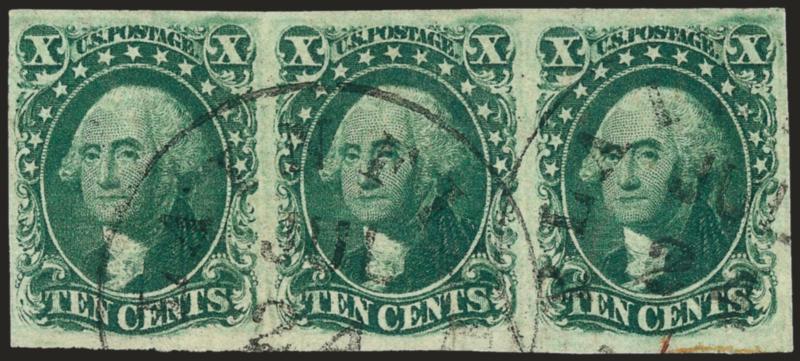 10c Green, Ty. III (15).> Horizontal strip of three, large to huge margins, rich color, cancelled by Plainfield datestamps, centered stamp has tiny thin spot, still Extremely Fine, with 2002 P.F.
certificate