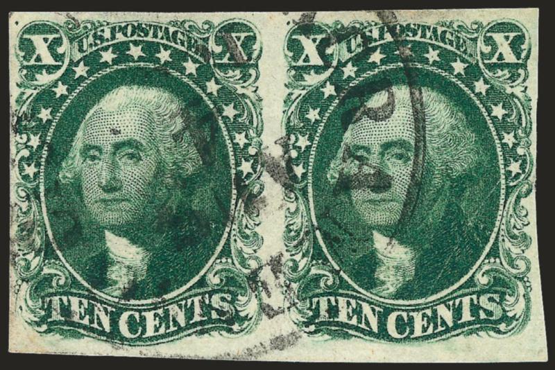 10c Green, Ty. IV-II (16-14).> Positions 76-77L1, left stamp recut at bottom, ample to large margins, cancelled by Sacramento datestamp, Very Fine, a most attractive and scarce combination pair, with 1986 P.F.
certificate