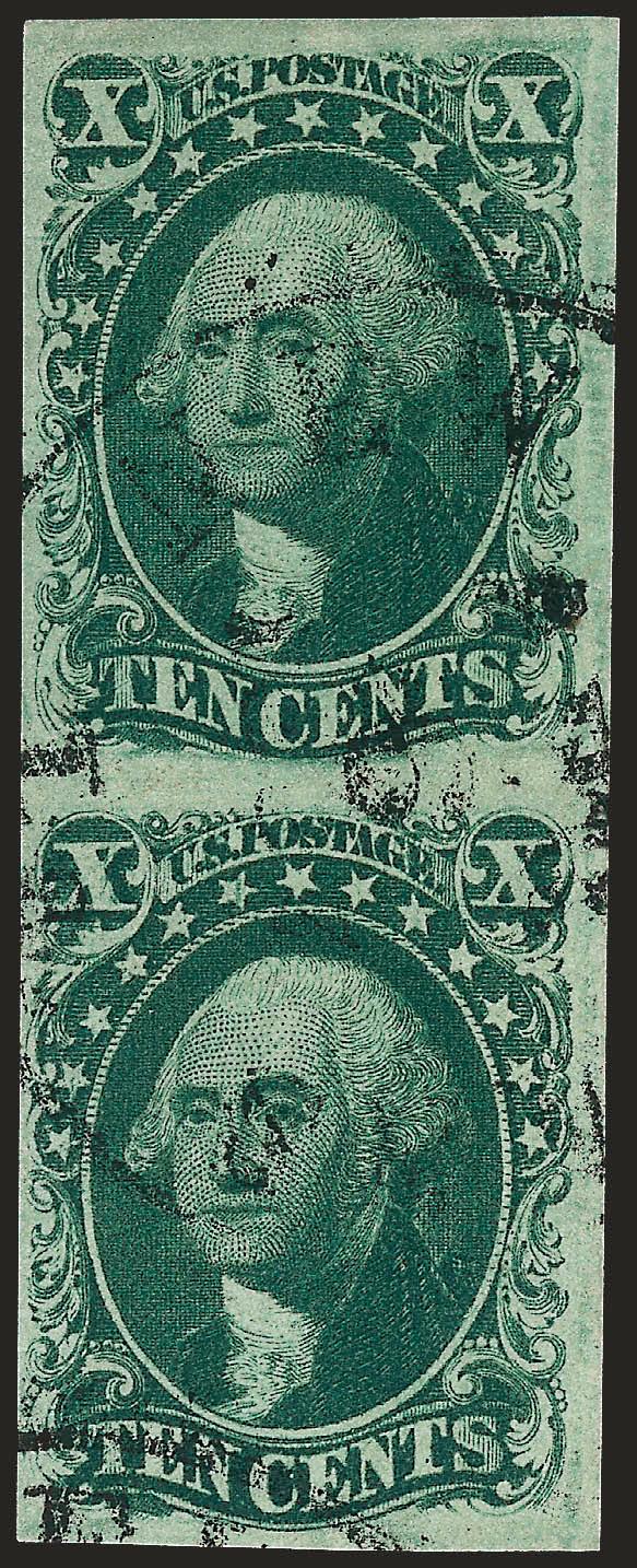 10c Green, Ty. IIIIV (1516).> Positions 4454L1, vertical pair, bottom stamp recut at bottom, full margins to ample at left, deep rich color and proof-like impression, lightly cancelled by New Orleans
datestamp<><>^VERY FINE. A SCARCE AND HANDSOM