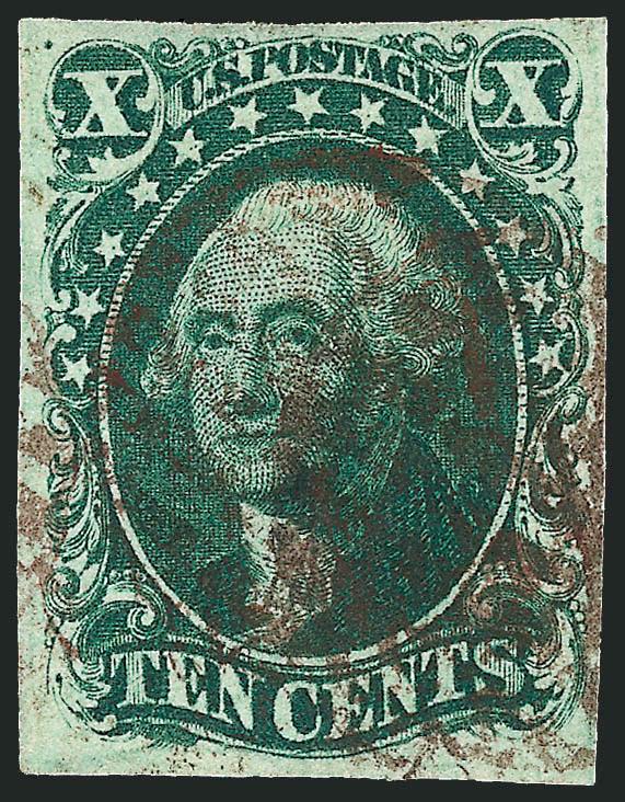 10c Green, Ty. IV (16).> Position 76L1, recut at bottom, full margins all around, intense shade and proof-like impression, cancelled by <brown red grid,> Very Fine and choice, colored cancels are rarely found on
the 10c 1855 Type IV, with 2003 P.F. c