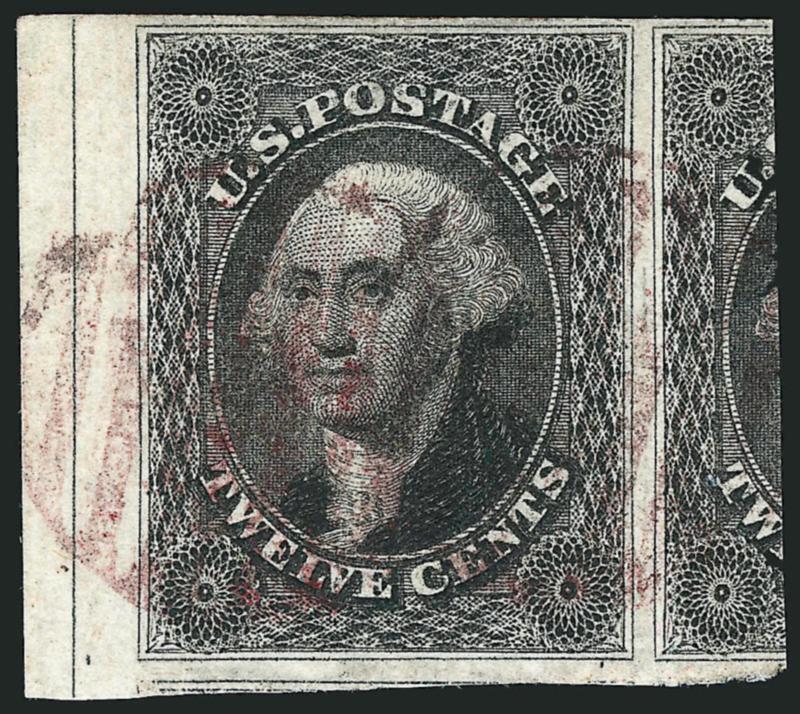 12c Black (17).> Enormous right margin showing large part of adjoining stamp and <left sheet margin with center line,> ample to large at top and bottom, <magenta grid> cancels, Extremely Fine, a spectacular
single, with 1989 P.F. certificate