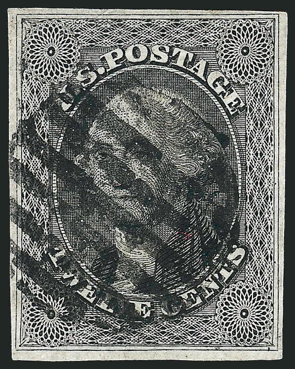 12c Black, Thin Paper (17 var).> Mostly large margins, distinctive grayish shade and fine impression which are typical of printings on thin paper, grid cancel, Extremely Fine, with 1982 P.F. certificate