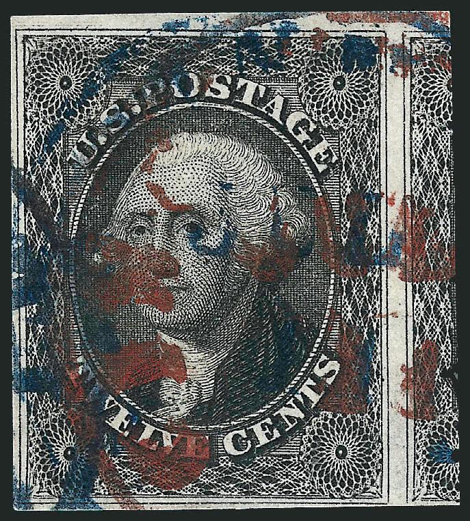 12c Black (17).> Position 7R1, three huge margins incl. part of adjoining stamp at right, ample to clear at bottom, <blue and dark red Cincinnati datestamps,> Very Fine, unusual two-color cancellation, with 1987
P.F. certificate
