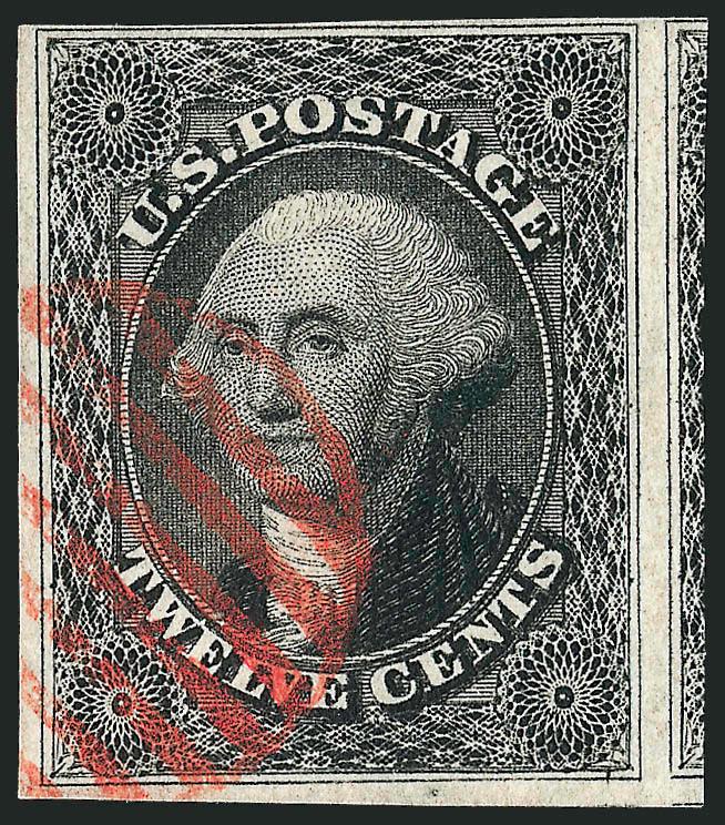 12c Black (17).> Three huge margins incl. part of adjoining stamp at right, clear at top, deep shade with contrasting <bright red grid> cancel, Very Fine