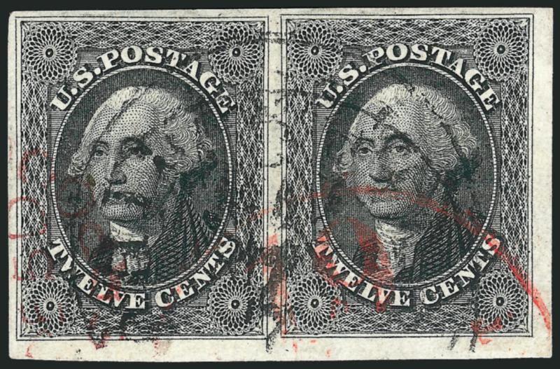12c Black (17).> Horizontal pair, large to huge margins incl. <bottom right corner sheet margins,> cancelled by light black town datestamp, also cancelled by <red New York 19 credit datestamp and red London
transit,> bright and fresh<><>^EXTREMEL