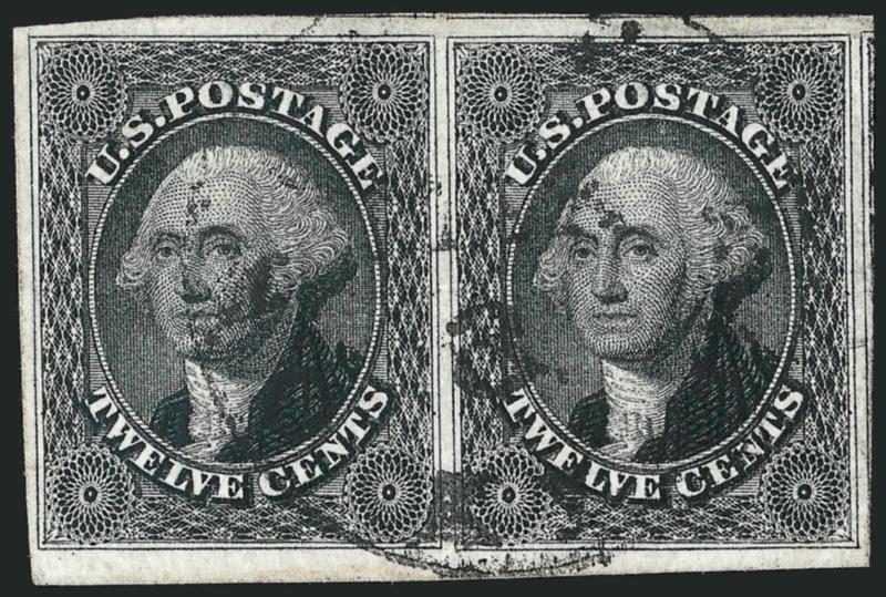 12c Black (17).> Horizontal pair, huge margins all around showing bits of adjoining stamps, neatly cancelled by town datestamp, intense shade and impression<><>^EXTREMELY FINE GEM. A SUPERB PAIR OF THE 1851
12-CENT BLACK WITH HUGE MARGINS RARELY EN
