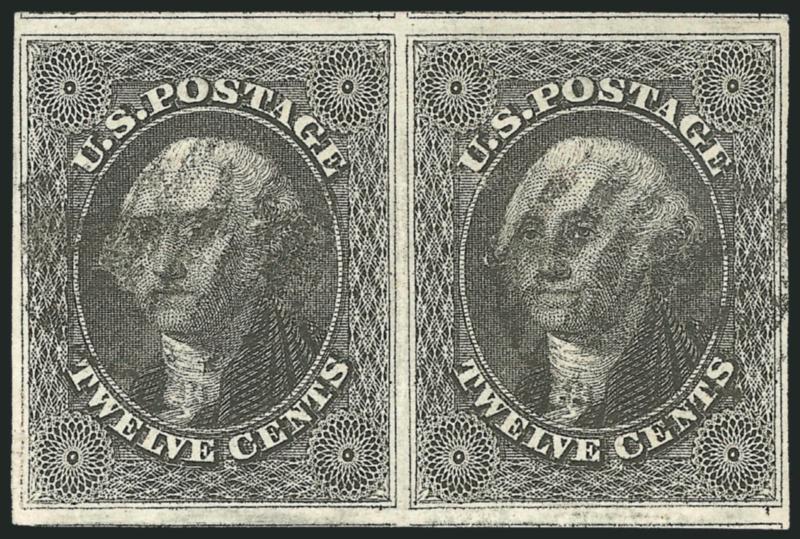 12c Black (17).> Horizontal pair, huge margins all around incl. part of four adjacent stamps, neat strikes of grid cancel<><>^EXTREMELY FINE GEM PAIR OF THE 12-CENT 1851 ISSUE.^<><>With 1989 P.F.
certificate