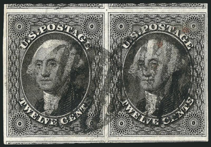 12c Black (17).> Horizontal pair, full to huge margins incl. part of four adjacent stamps, deep shade, neat strikes of grid cancel<><>^EXTREMELY FINE GEM PAIR OF THE 12-CENT 1851 ISSUE.^<><>With 2004 P.F.
certificate
