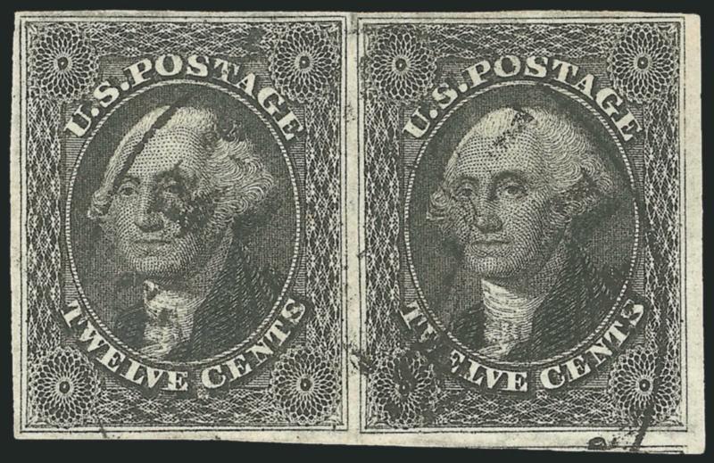 12c Black (17).> Horizontal pair, large margins all around incl. part of adjoining stamp at bottom right and <sheet margin at right,> intense impression, neat strike of town circular datestamp, Very
Fine-Extremely Fine pair, ex Twigg-Smith, with 1986