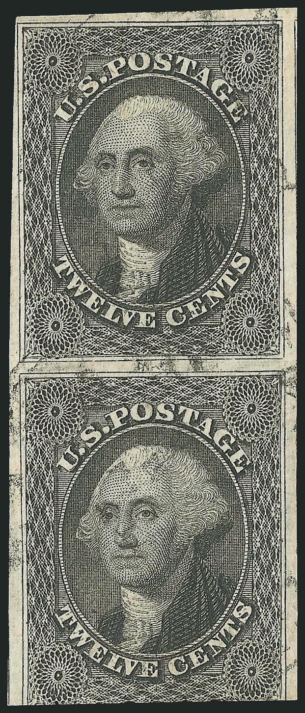 12c Black (17).> Vertical pair, three huge margins, cut in at bottom, light circular datestamp, top stamp Very Fine, with 1987 P.F. certificate