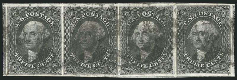 12c Black (17).> Horizontal strip of four, enormous margins all around incl. part of <ten> adjoining stamps, incredibly deep shade and impression, bold datestamps, faint vertical crease between right stamps,
right three stamps with faint horizontal c