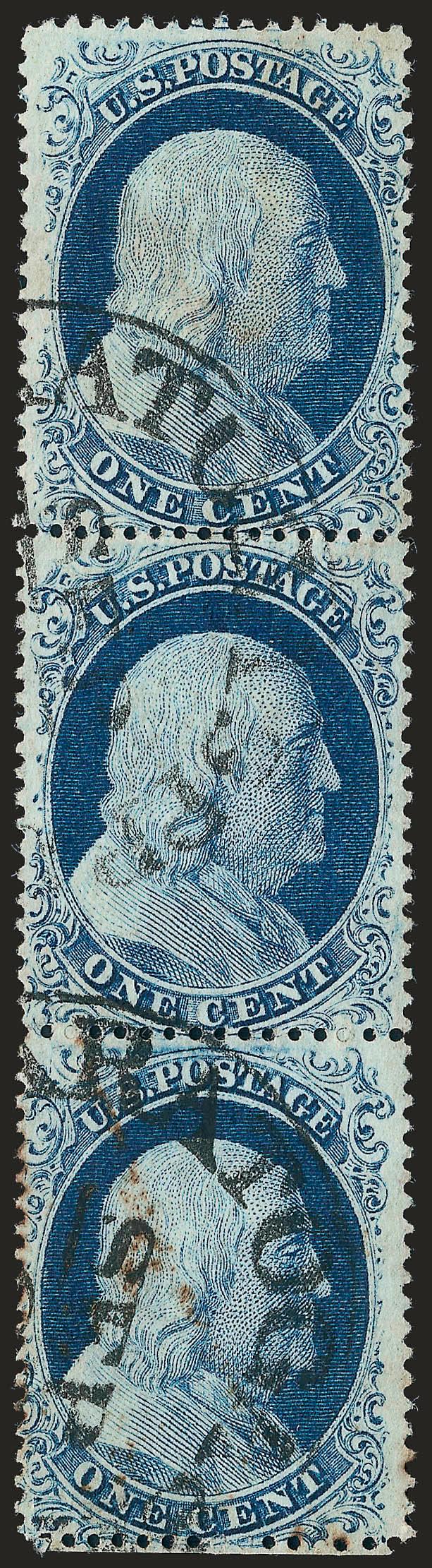 1c Blue, Ty. IV (23).> Positions 233343L1L, vertical strip of three, deep rich color, neat strikes of Saratoga Springs circular datestamp, some slight toning on top and bottom stamps, otherwise Very Fine, a rare
and attractive multiple of this Plat