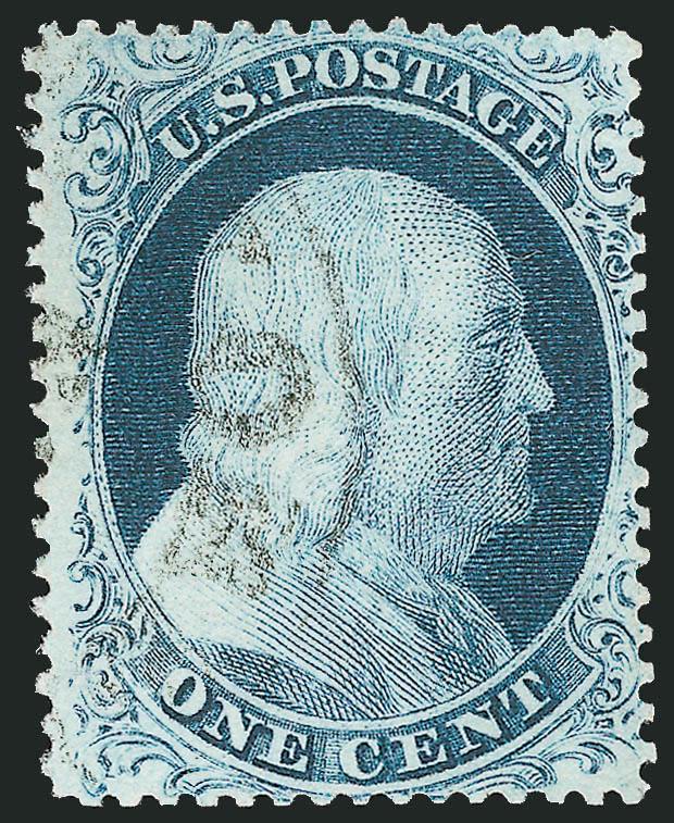 1c Blue, Ty. II (20).> Plate 2, deep shade on brilliant paper, light face-free strike of town datestamp, Very Fine, with 2003 P.F. certificate