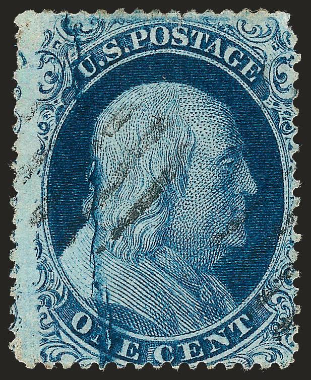 1c Blue, Ty. II, Plate 2 Crack (20 var).> Position 23L2, huge lightning bolt crack thru entire stamp, deep rich color, light strike of small grid cancel, thin spot and small corner flaw at top right, Very Fine
appearing example of this desirable posi