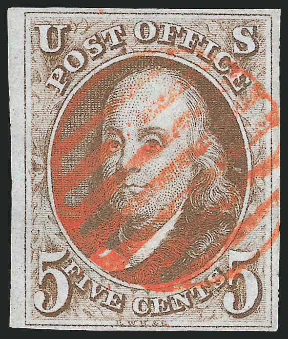 5c Dark Brown (1a).> Large margins to full at bottom, deep rich color nicely contrasted by bold red grid cancel, tiny natural inclusion, Very Fine and choice, ex Wall, with 2000 P.F. certificate