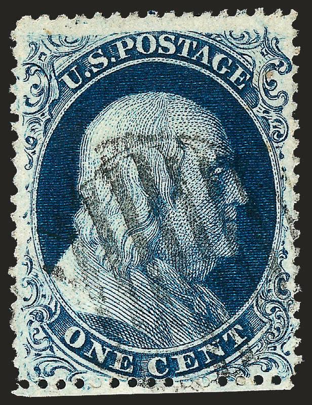 1c Blue, Ty. IIIa (22).> Plate 4, intact perfs at bottom and so clearly showing the characteristics of the type, deep rich color and proof-like impression on bright paper, Very Fine and choice, a pretty stamp,
with 1987 P.F. certificate